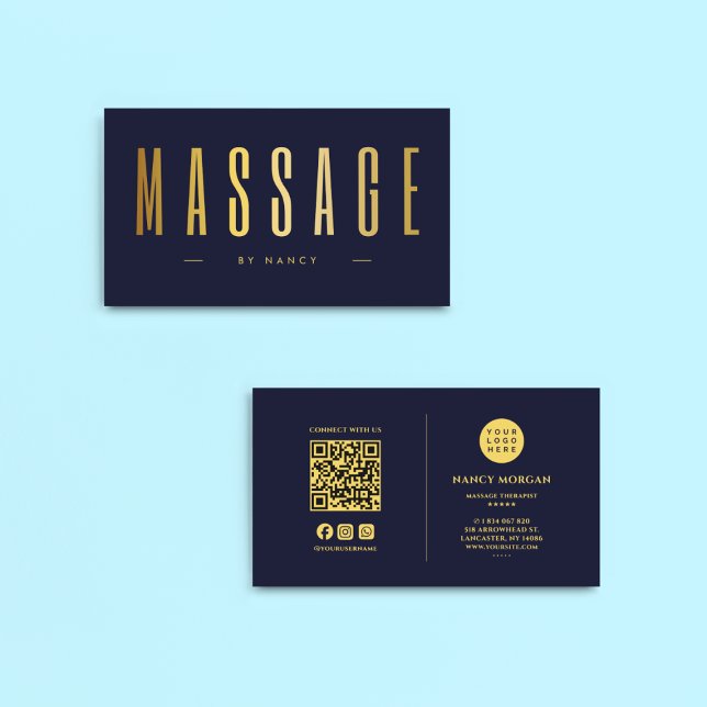 Navy & Gold Massage Therapist  QR Code And Logo Business Card (Creator Uploaded)