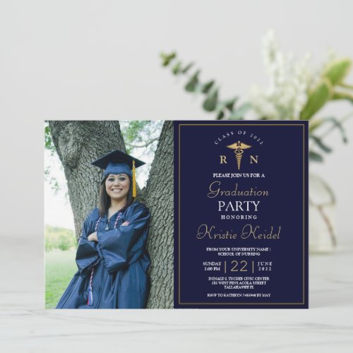 Navy Gold Medical Nursing School Graduation Party Invitation