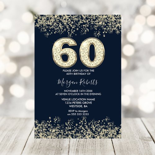 Navy  Gold Mens or Womans 60th Birthday Party Invitation