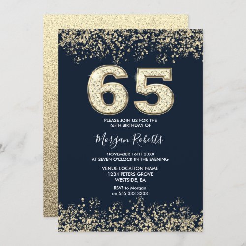 Navy  Gold Mens or Womans 65th Birthday Party  Invitation