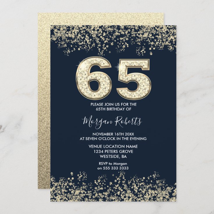 Navy & Gold Mens or Womans 65th Birthday Party Invitation | Zazzle