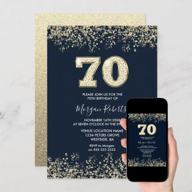 Navy & Gold Mens Womans 70th Birthday Party Invitation | Zazzle