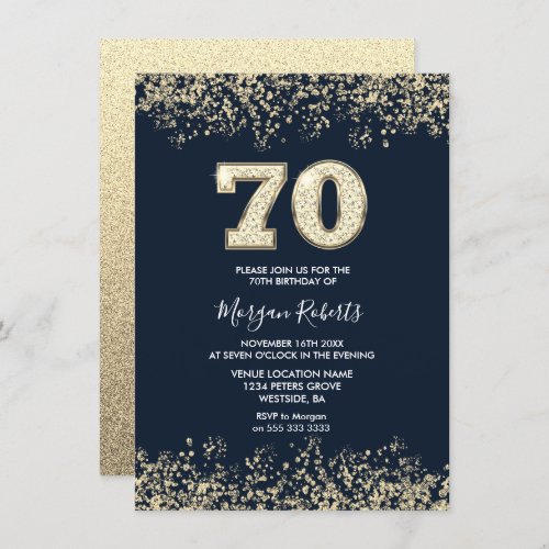 Navy  Gold Mens Womans 70th Birthday Party Invitation