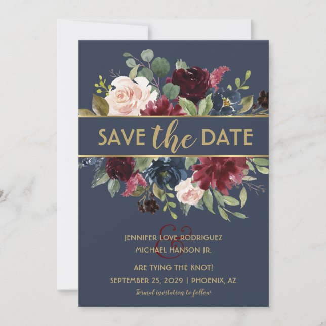 Navy Gold Merlot Floral Blooms Save the Date Invitation (Front)