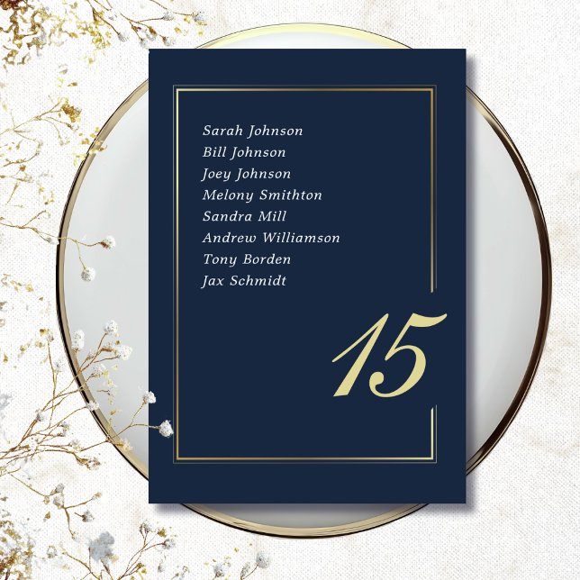 Navy Gold Minimal Border Script Typography Wedding Table Number (Creator Uploaded)
