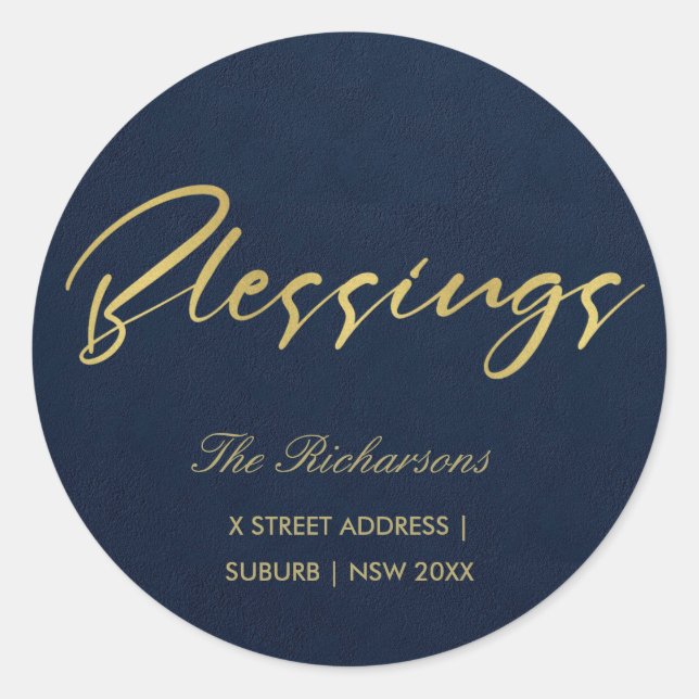 NAVY GOLD MINIMAL CALLIGRAPHY BLESSINGS ADDRESS CLASSIC ROUND STICKER (Front)