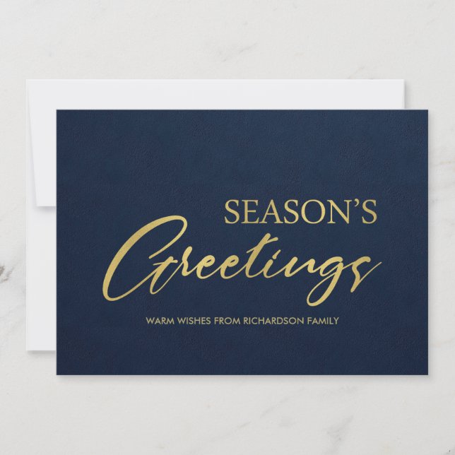 NAVY GOLD MINIMAL CALLIGRAPHY SEASONS GREETINGS HOLIDAY CARD (Front)