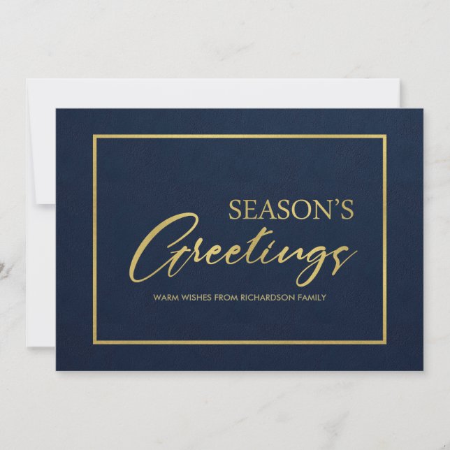 NAVY GOLD MINIMAL CALLIGRAPHY SEASONS GREETINGS HOLIDAY CARD (Front)
