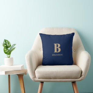 Navy & Gold Minimal Modern Initial Monogram Name Throw Pillow