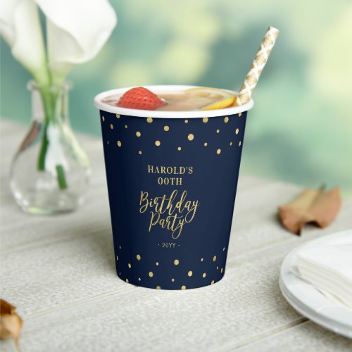 Navy  Gold  Modern Confetti Adult 50th Birthday Paper Cups