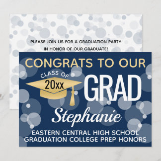 Navy Gold Modern Confetti Bokeh Bubbles Graduation Invitation