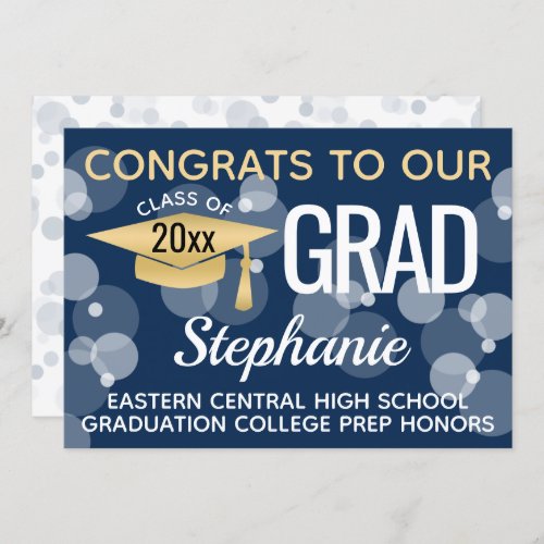 Navy Gold Modern Confetti Bokeh Bubbles Graduation Invitation