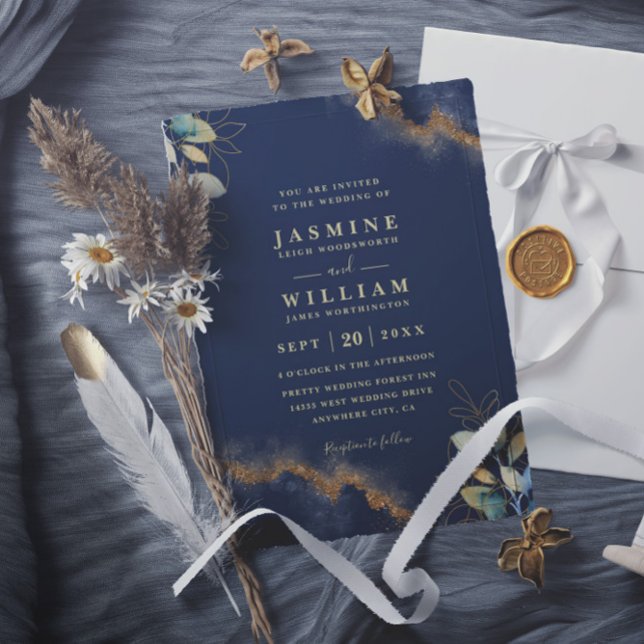 Navy Gold Modern Elegant Chic QR Code Wedding Invitation (Creator Uploaded)