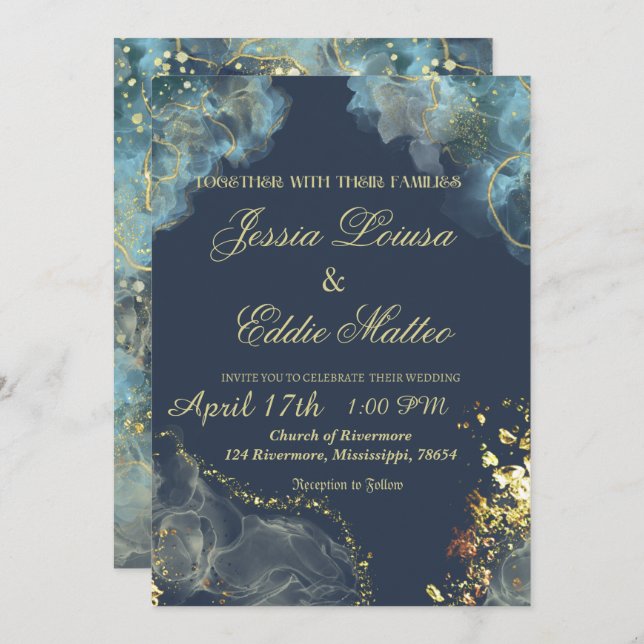Navy Gold Modern Glitter Invitation (Front/Back)