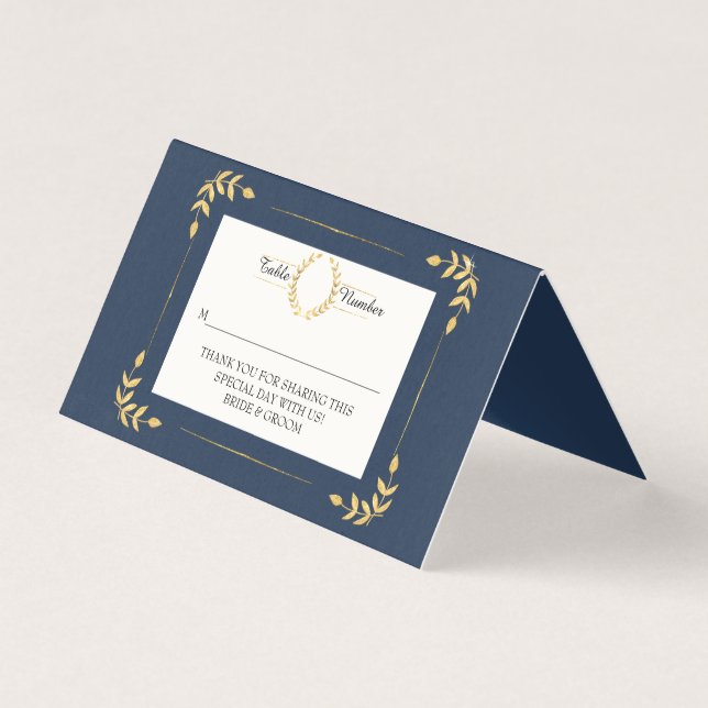 Navy Gold Modern Laurel Leaf Wreath Place Card (Front)