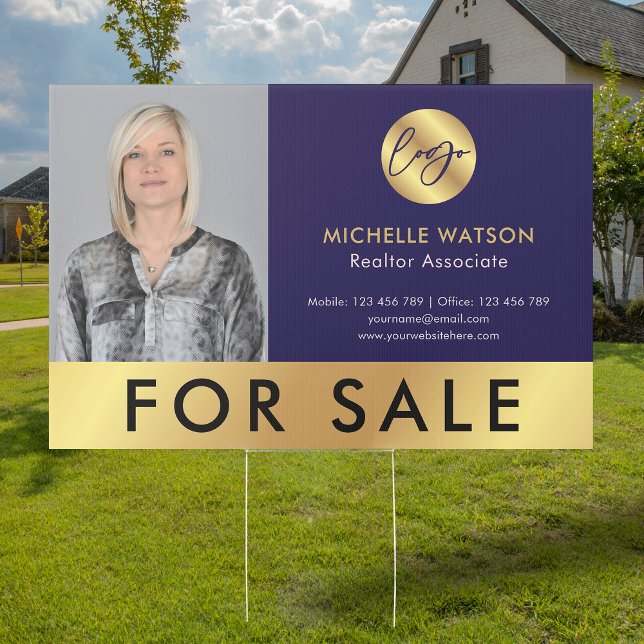 Navy & Gold Modern Logo Sales Agent Photo For Sale Sign (Elegant navy blue and gold realtor photo and logo 'For Sale' yard sign)