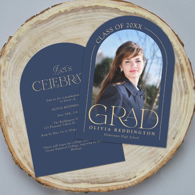 Navy Gold Modern Minimal Photo Arch Grad Party Invitation (Creator Uploaded)