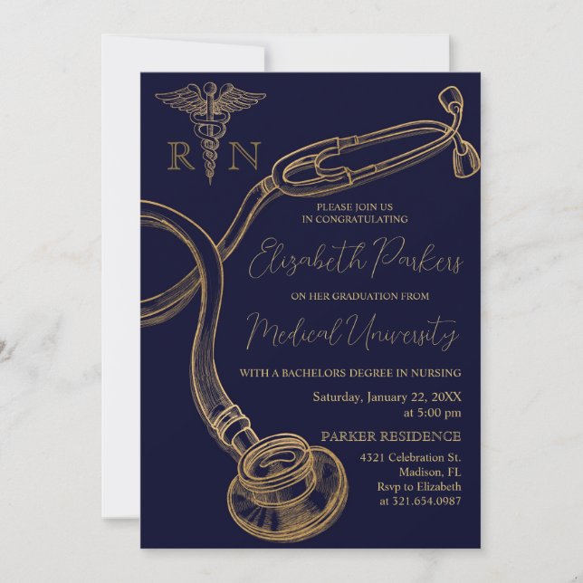 Navy Gold Modern Nursing School Graduation Party Invitation (Front)