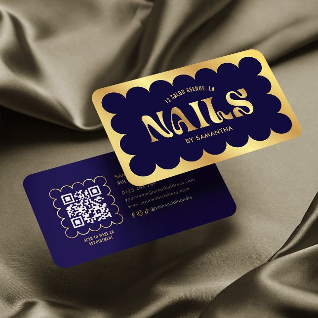 Navy & Gold Modern QR Code Manicure Nails Salon Business Card (Creator Uploaded)