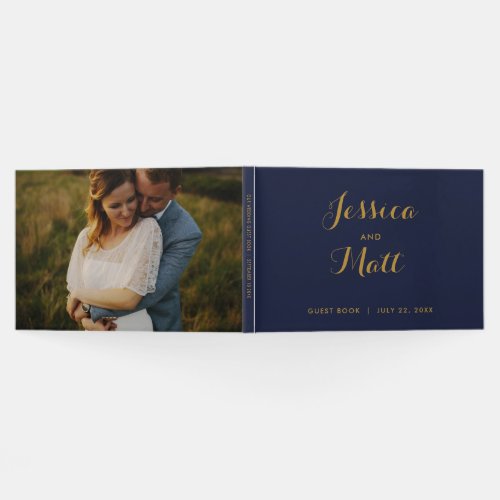 Navy Gold Modern Script Photo Wedding Guest Book