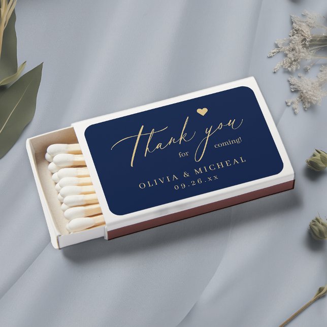 Navy & gold modern script simple thank you wedding matchboxes (Navy & gold modern script simple thank you wedding matchboxes)