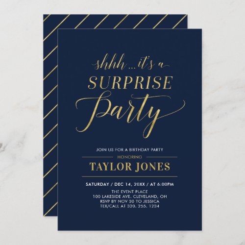 Navy  Gold  Modern Surprise Birthday Party Invitation