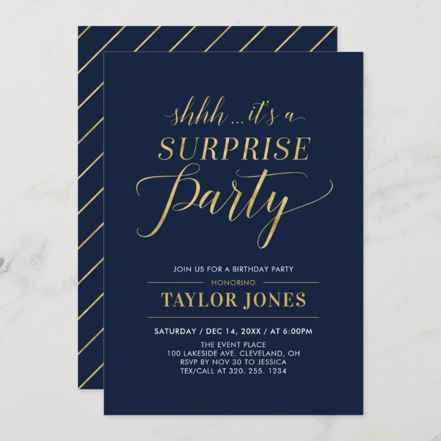 Navy & Gold | Modern Surprise Birthday Party Invitation (Front/Back)
