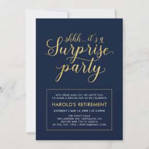 Navy & Gold   Modern Surprise Retirement Party Invitation