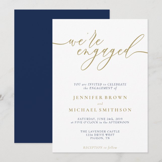 Navy Gold Modern We are Engaged Invitation (Front/Back)