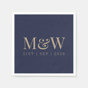 Navy Gold Monogram Modern Blue Wedding Napkins