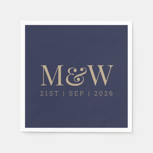 Navy Gold Monogram Modern Blue Wedding Napkins (Front)