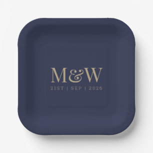 Navy Gold Monogram Modern Blue Wedding Paper Plates