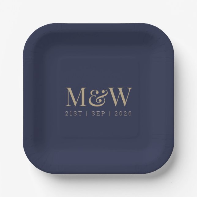 Navy Gold Monogram Modern Blue Wedding Paper Plates (Front)