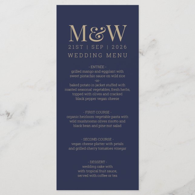 Navy Gold Monogram Wedding Menu (Front)