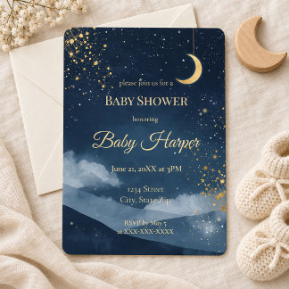 Navy Gold Moon and Stars Celestial Baby Shower Invitation