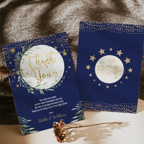 Navy Gold Moon  Stars Baby Shower Thank You Card