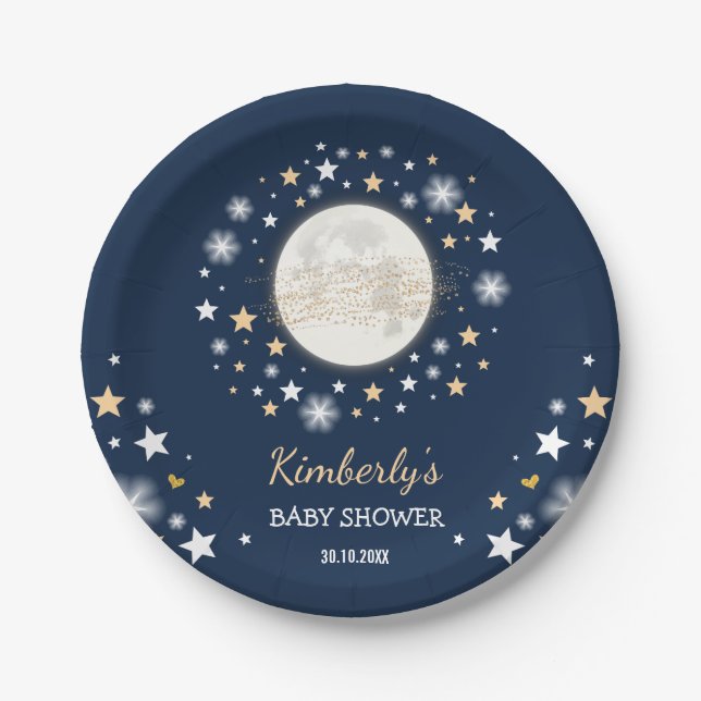 Navy Gold Moon & Stars Baby Shower Twinkle Star Paper Plates (Front)