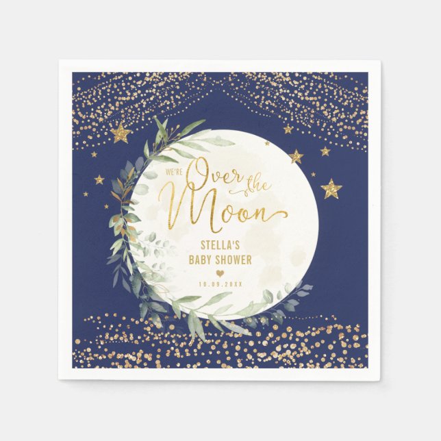 Navy Gold Moon & Stars Greenery Baby Shower Napkins (Front)