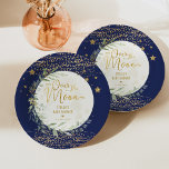 Navy Gold Moon & Stars Greenery Baby Shower Paper Plates<br><div class="desc">Moon & Stars themed paper plate featuring elegant watercolour greenery and dreamy moon and star elements in moody navy blue and gold</div>