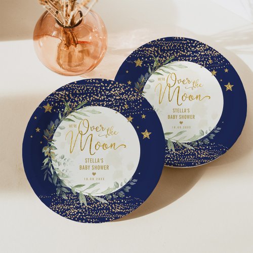 Navy Gold Moon  Stars Greenery Baby Shower Paper Plates