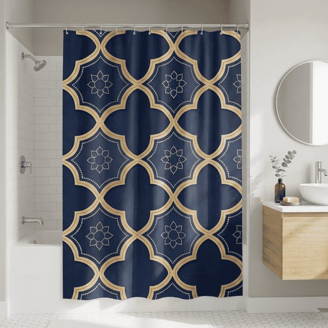 Navy & Gold Moroccan Quatrefoil Geometric Pattern Shower Curtain (navy and gold moroccan tile shower curtain)