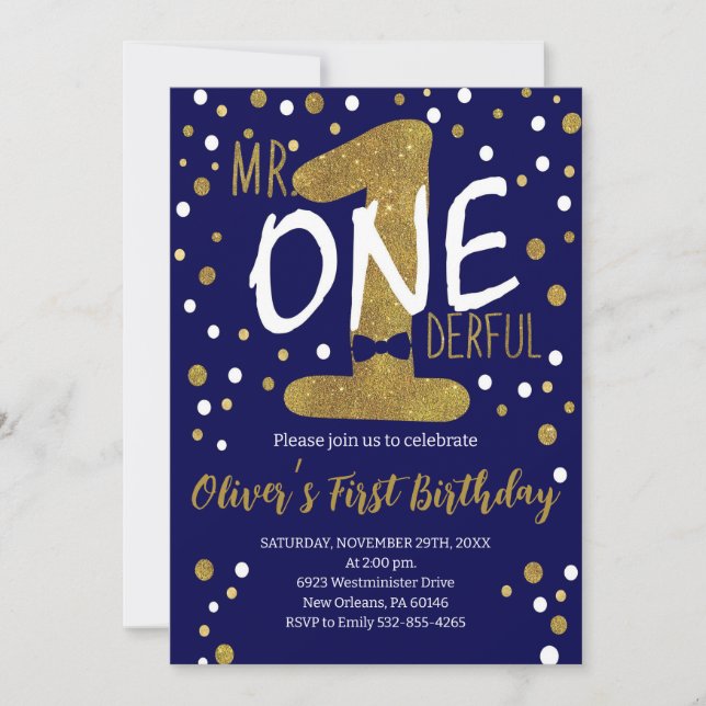 Navy & Gold, Mr.Onederful Birthday, Polka Dots Invitation (Front)