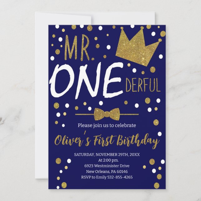 Navy & Gold, Mr.Onederful Birthday, Polka Dots Invitation (Front)