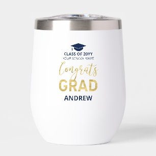 Navy & Gold   Name Congrats Grad Graduation Gift Thermal Wine Tumbler