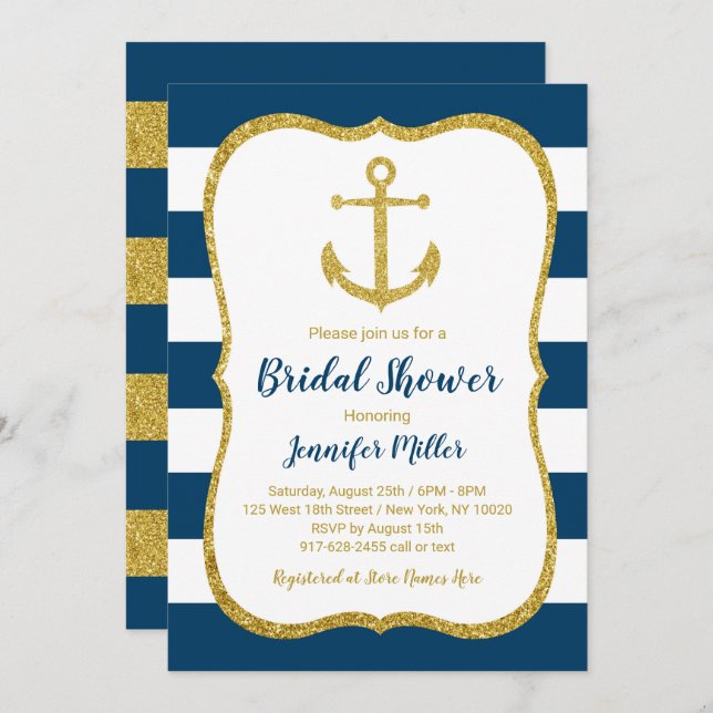 Navy & Gold Nautical Anchor Bridal Shower Invitation (Front/Back)