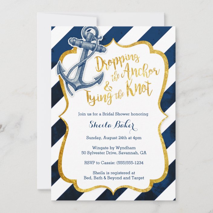 Bay Nautical Bridal Shower Invitation Printed Invite Navy Stripes Cream Mint And Peach With Gold Glitter Anchors