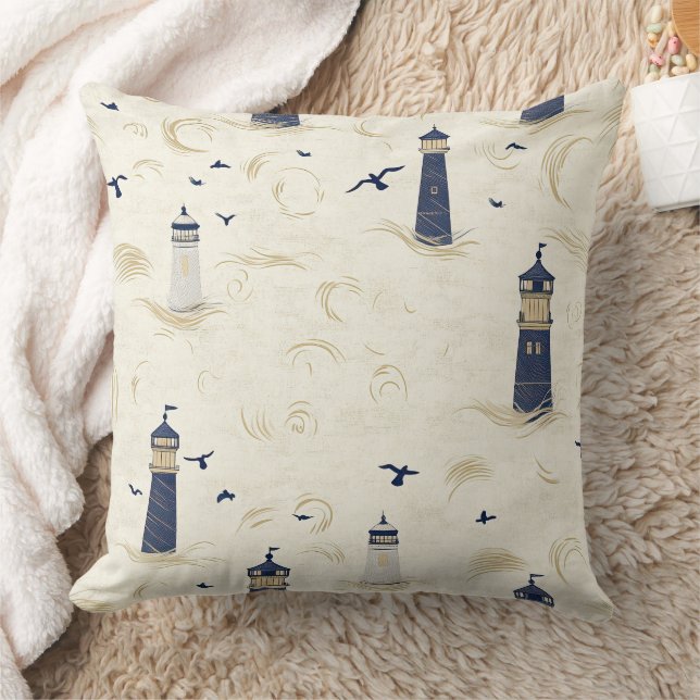 Navy Gold Nautical Lighthouse Coastal Pattern Throw Pillow (Blanket)