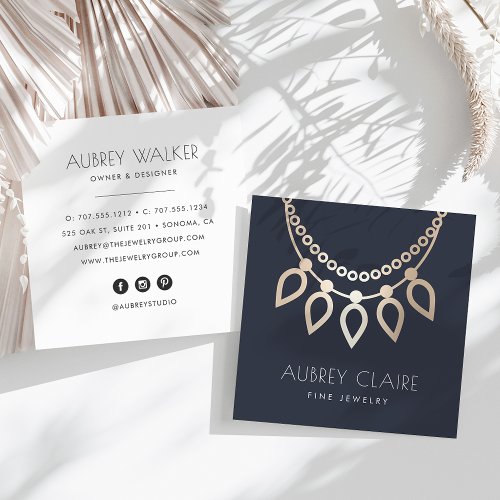 Navy  Gold Necklace Jeweler Logo Square Business Card