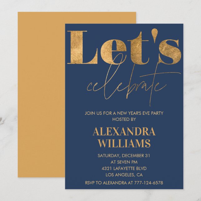 Navy Gold New year's eve invite Let's celebrate (Front/Back)