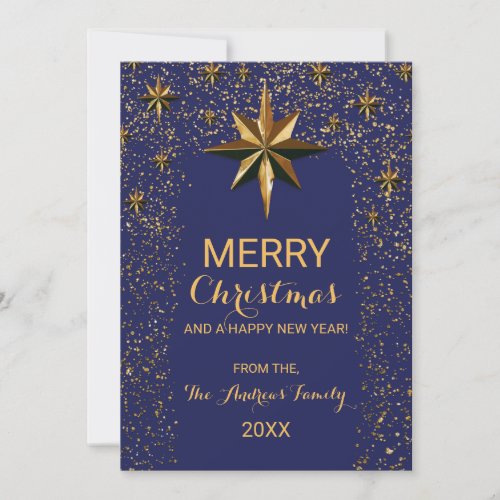 Navy Gold North Star Glitter Confetti Christmas Holiday Card